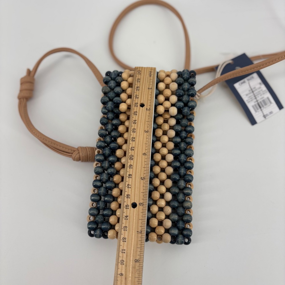 Universal Thread Wood Beaded Crossbody Phone Bag Blue Tan Striped NWT - Picture 5 of 6